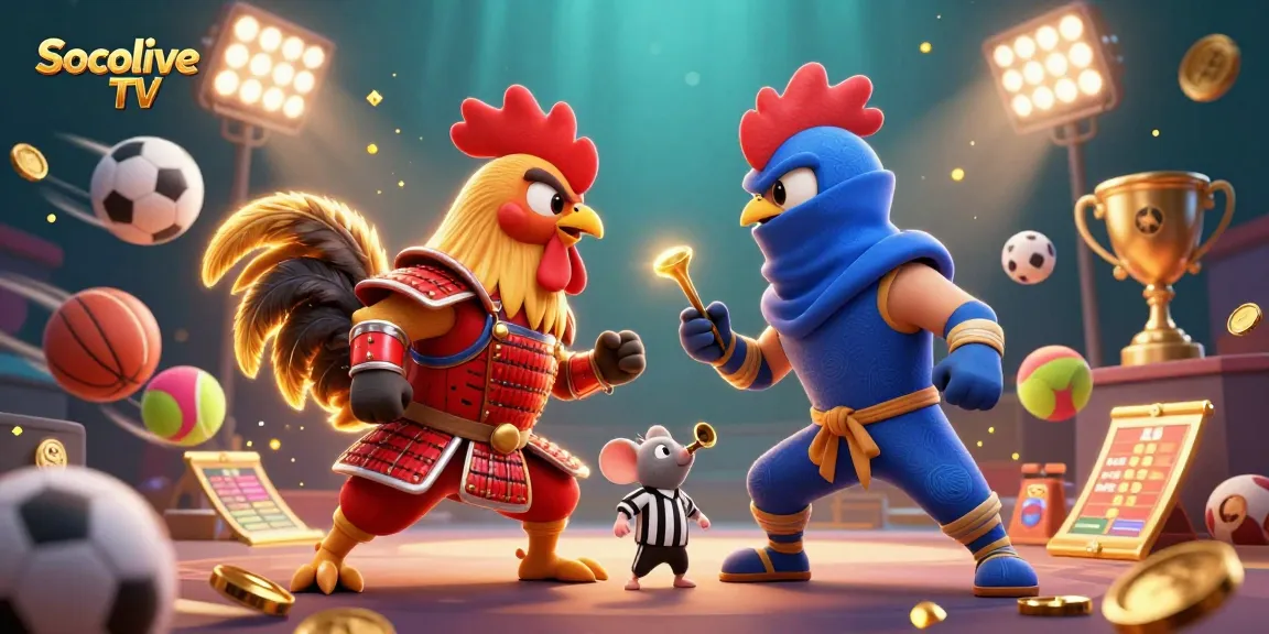 Socolive TV showcases twin roosters in an epic showdown surrounded by dynamic sports elements.