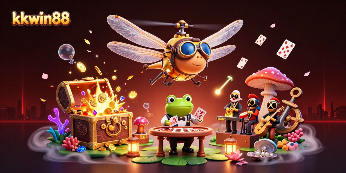 Engage with the thrilling world of kkwin88 at a lively underwater casino scene filled with playing cards and treasures.