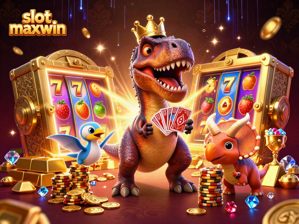 Engage with the slot maxwin adventure featuring a T-Rex dealer, vibrant slot reels, and treasure in a 3D casino