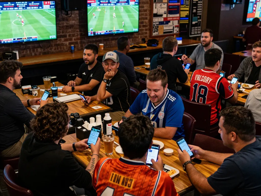 Exciting sports betting atmosphere at M88zo with fans cheering and analyzing games on multiple screens