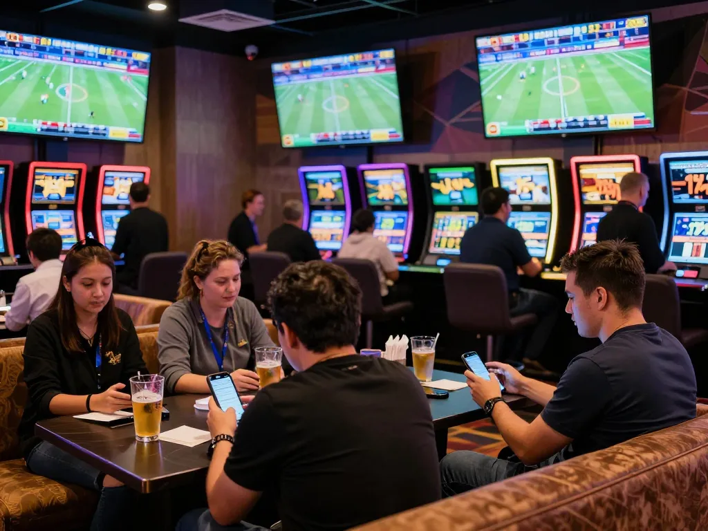 LU88 patrons placing bets in an exciting sports betting lounge with vibrant screens