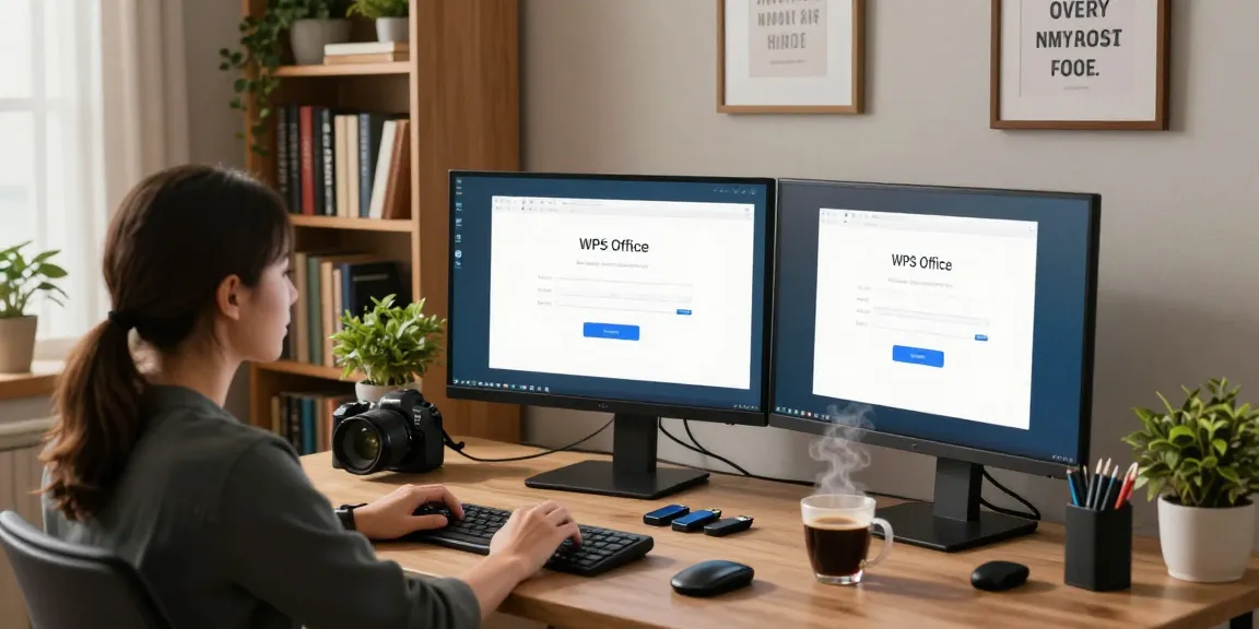 WPS Download in progress on desktop with multiple monitors, tech gadgets, and coffee