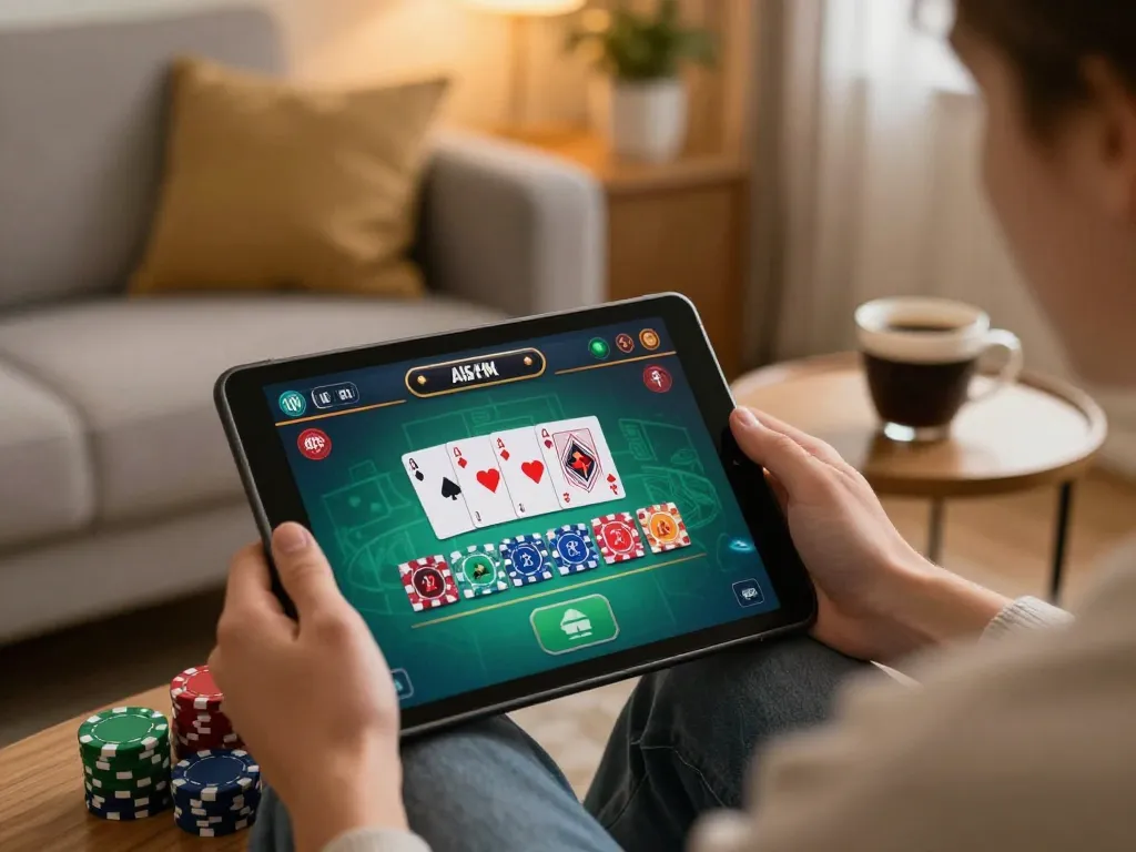 The user plays live dealer games on xo88, showcasing poker engagement in a cozy setting.