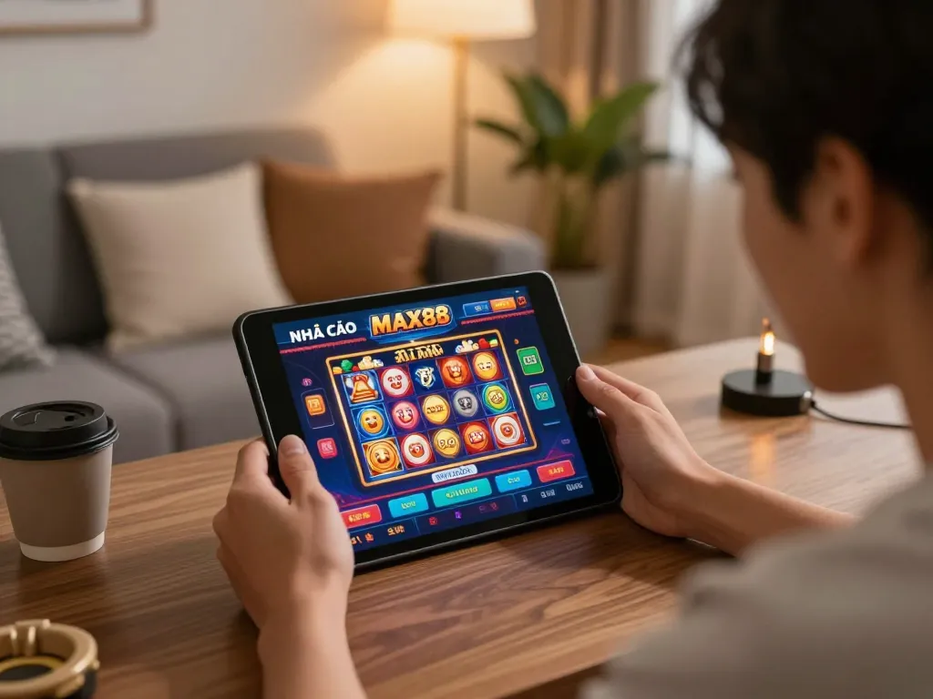 Player enjoying online gaming experience at NHÀ CÁI MAX88 with colorful slots and poker interface.