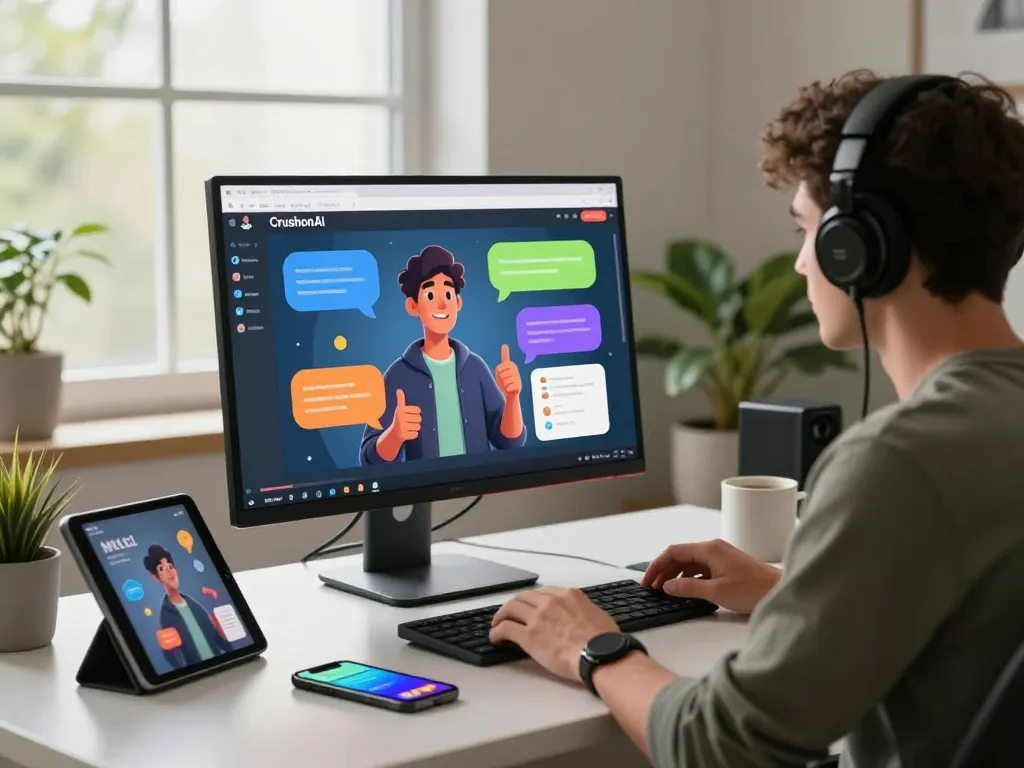 Engaging scene of a user interacting with CrushonAI AI chat interface in a modern home office.