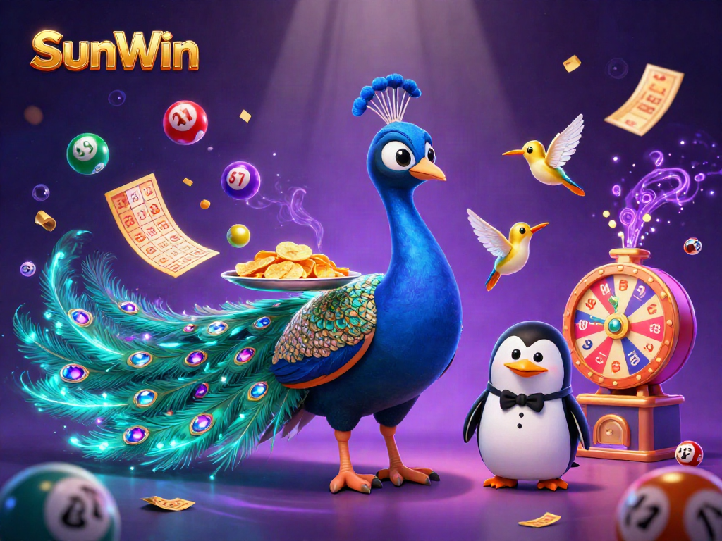 Players engage in exciting games at SunWin, surrounded by vibrant colors and dynamic casino elements.