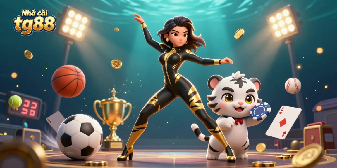 Immerse in the thrill of Nhà cái tg88 as a 3D woman in a sleek suit leads a vibrant betting scene.