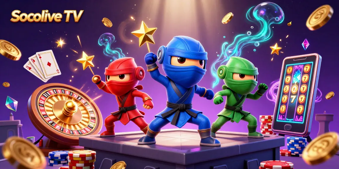 Socolive TV delights viewers with a vibrant gaming scene featuring ninja chameleons and dynamic casino elements.