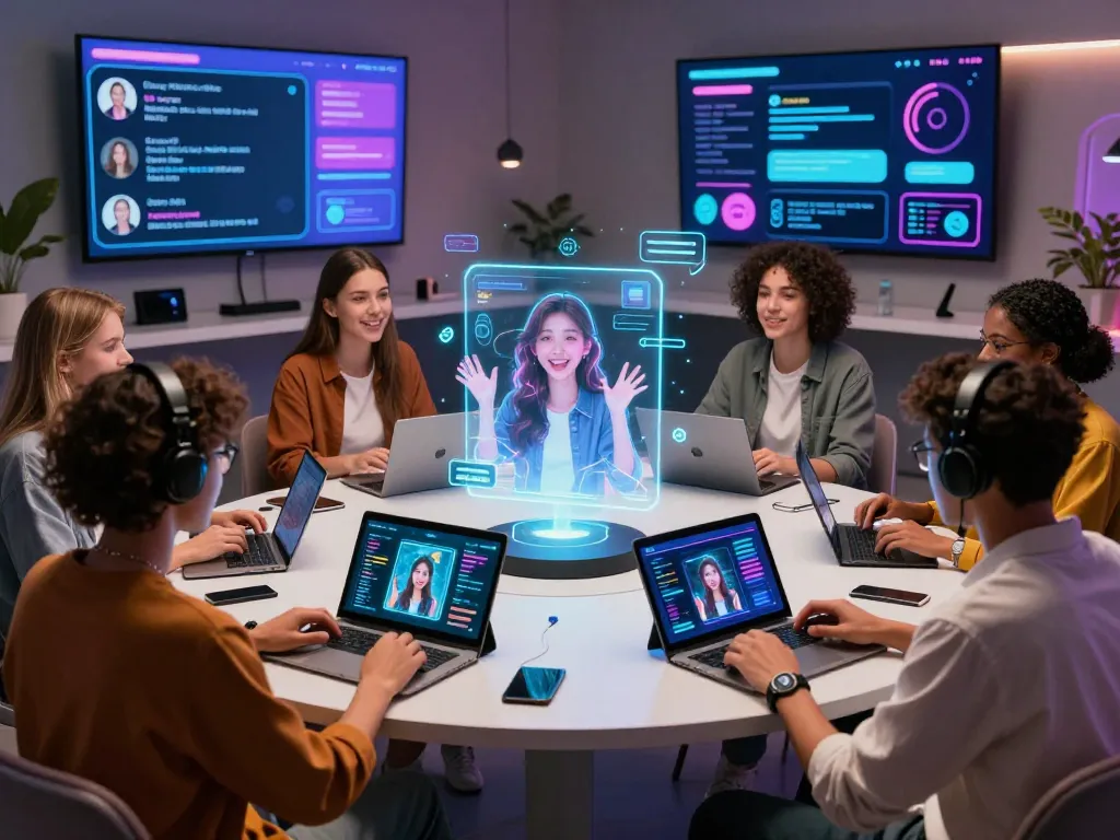 Dynamic group interacting with sex AI chat technology in a modern digital space.