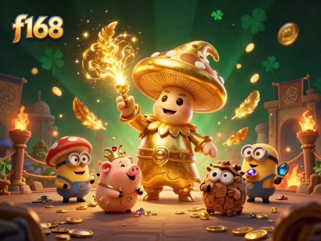 Experience the magic of f168 with spore wizardry transforming treasures, surrounded by picturesque gambling elements.