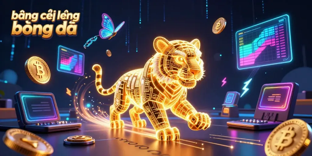 Engage with the dynamic display of bảng xếp hạng bóng đá showcasing a neon golden tiger amidst crypto elements and casino excitement.