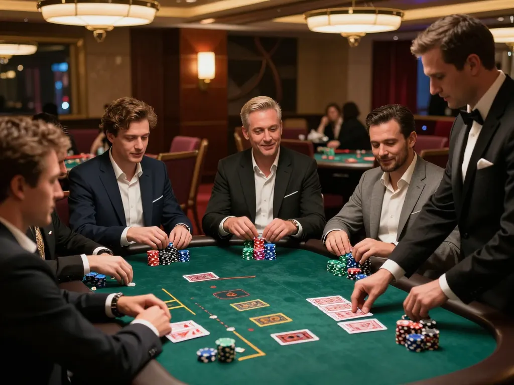 NHÀ CÁI DABET players engaging at a blackjack table with colorful chips and focused dealer, vibrant casino atmosphere.