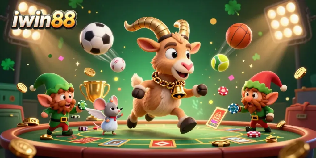 Join the excitement at iwin88 with a fantastical casino scene showcasing playful characters among dynamic gaming elements.
