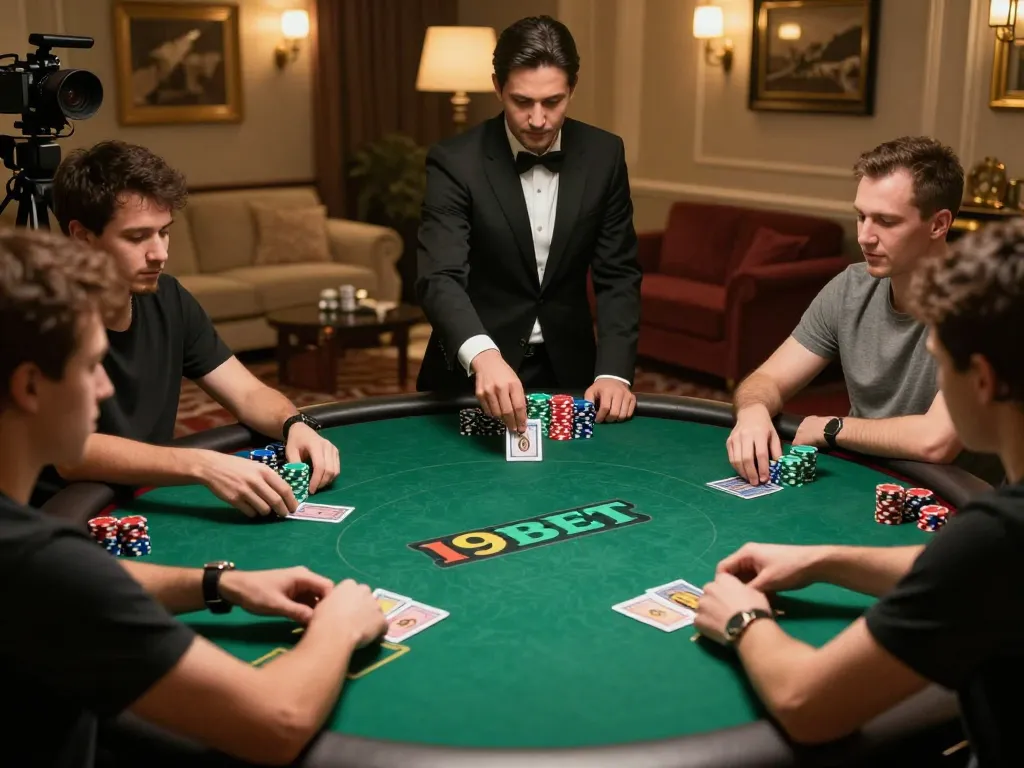 I9BET poker players strategizing in a lively home setting with colorful chips and warm lighting