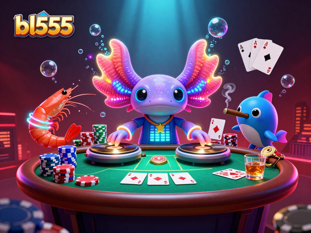 bl555 Casino illustration featuring a vibrant axolotl DJ spinning records, lively shrimp dancers, and poker chips.