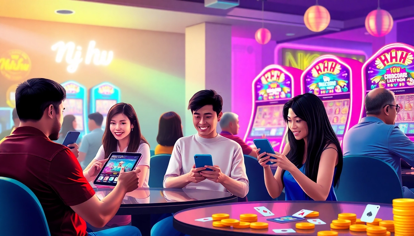 Nổ Hũ online gaming scene with players enjoying a vibrant casino atmosphere.