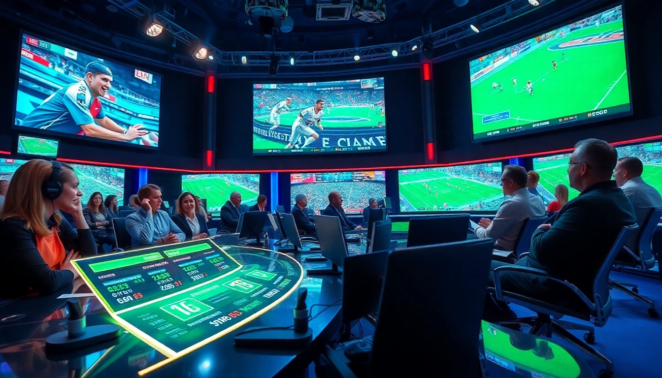 Engaging scene of sports broadcasting studio featuring lively commentators and vibrant visuals highlighting sports events.