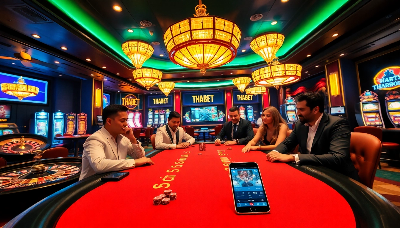 Players enjoying a high-stakes game at the THABET casino, featuring poker tables and vibrant gambling activity.