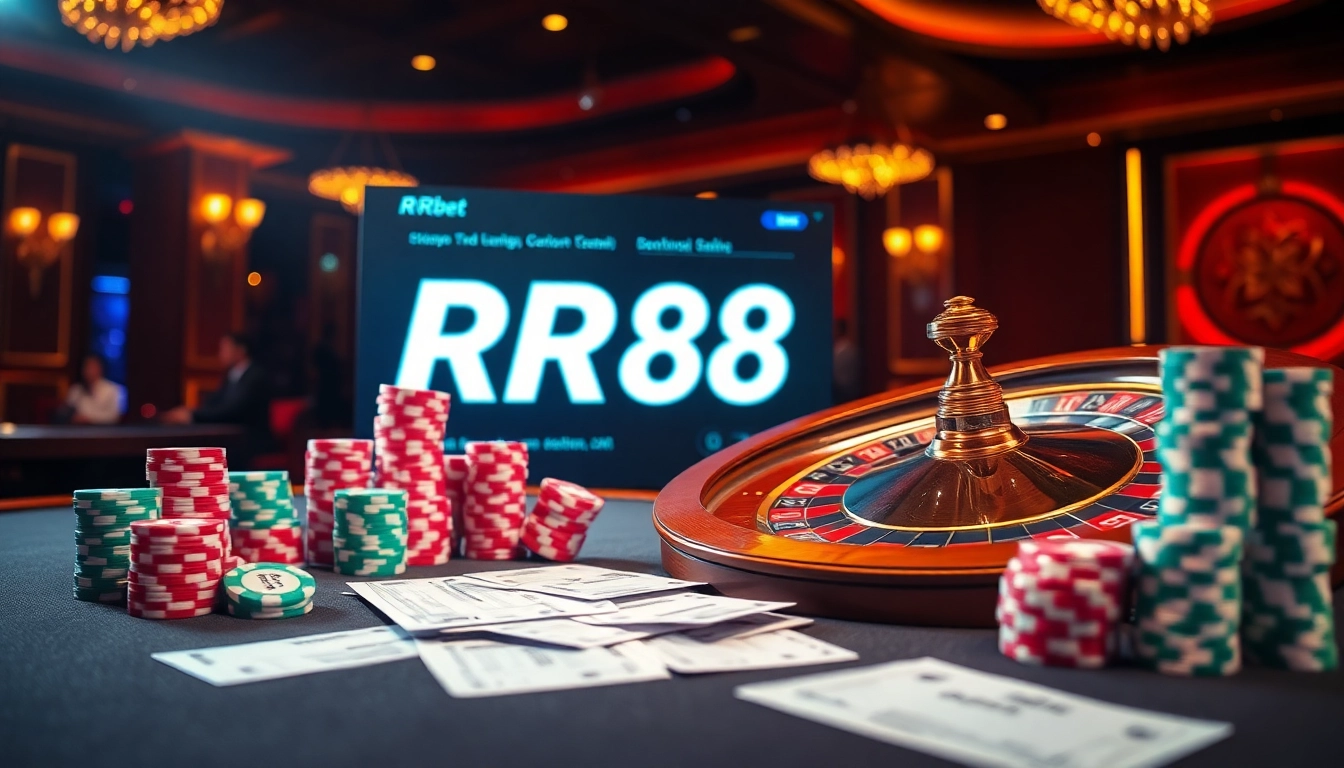 Engaging scene of gambling showing RR88 bet with roulette wheel, poker chips, and betting slips in a luxurious casino atmosphere.