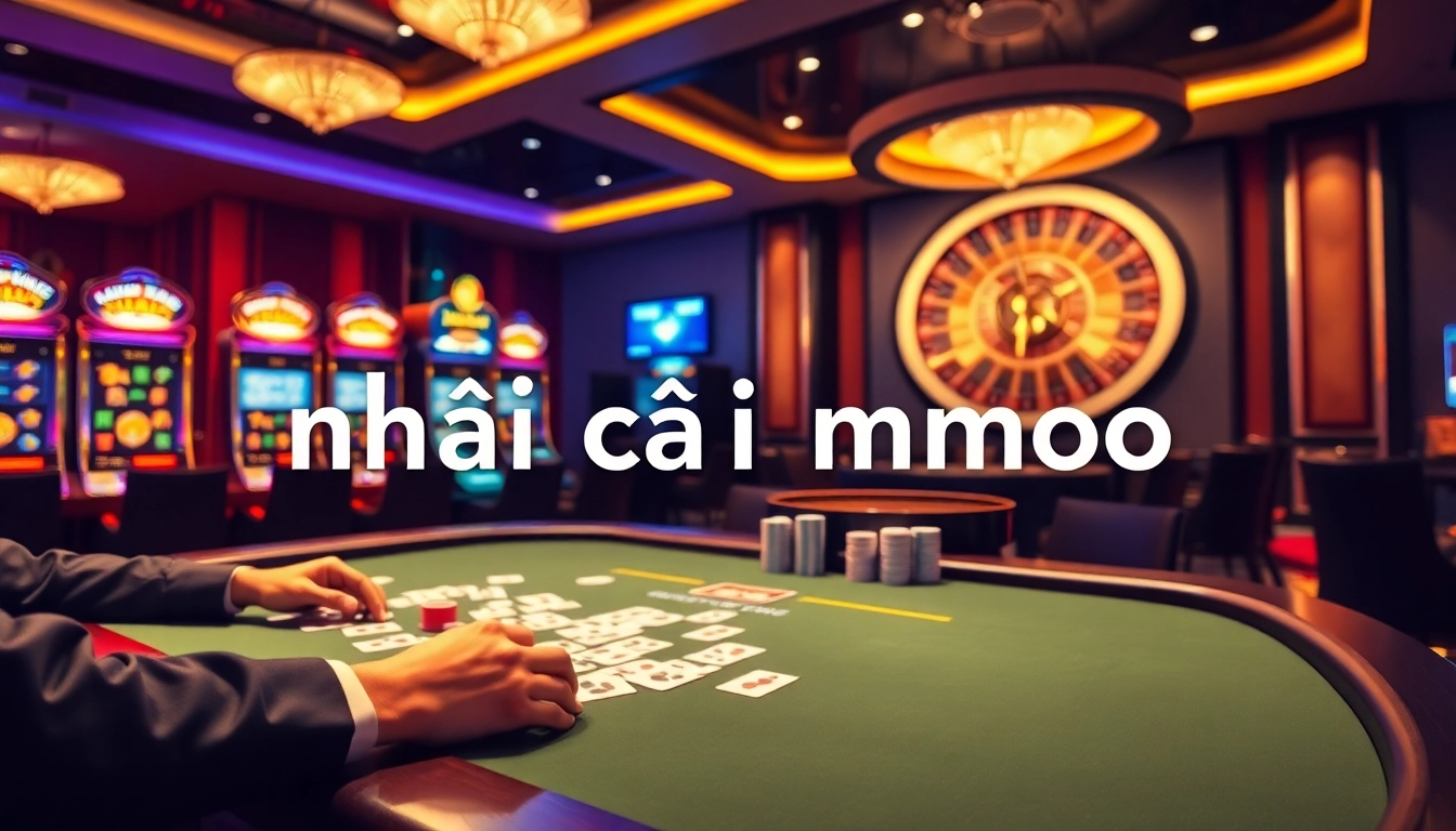 Engaging scene of nhà cái mmoo, featuring professional dealers at a vibrant gaming table and elegant slot machines.