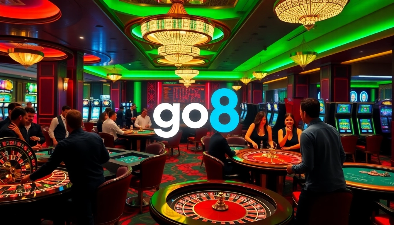 Players enjoying a vibrant casino experience featuring go8 branding prominently displayed.
