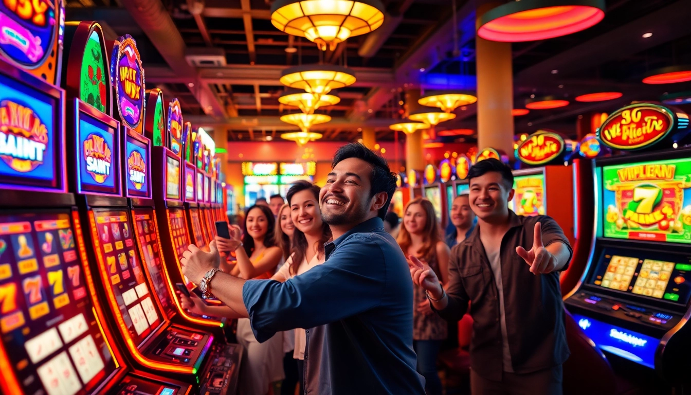 Celebrate the spirit of winning with 555win on a lively casino floor filled with colorful slot machines and happy players.