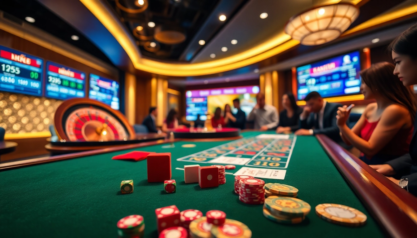 Playing Tài Xỉu MD5 at a luxurious casino table with vibrant chips and dice.