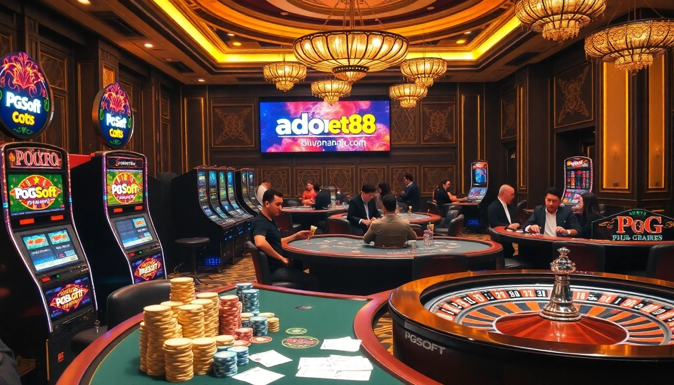 Experience high-stakes excitement at adobet88 link featuring vibrant slots and elegant casino décor.