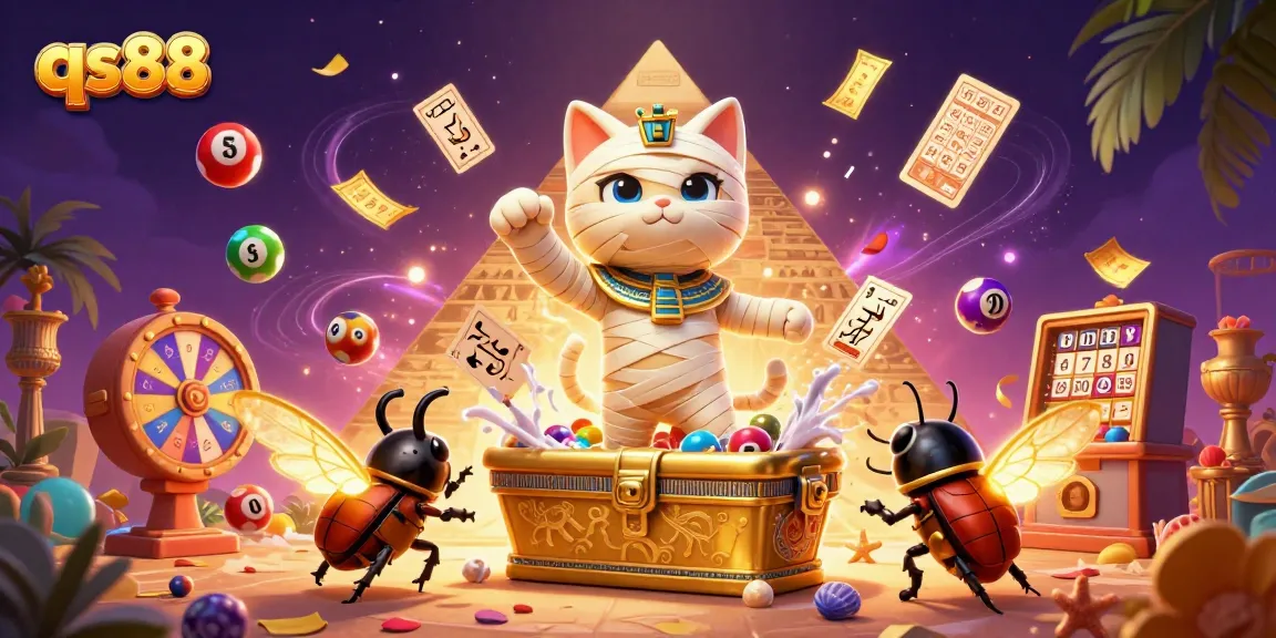 Experience exciting gameplay at qs88 with a 3D cartoon illustration featuring an Egyptian mummy cat in a vibrant casino.