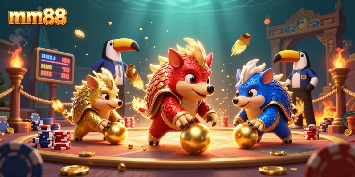 A dynamic scene featuring mm88 pangolins competing in a thrilling game with poker chips and vibrant casino elements.