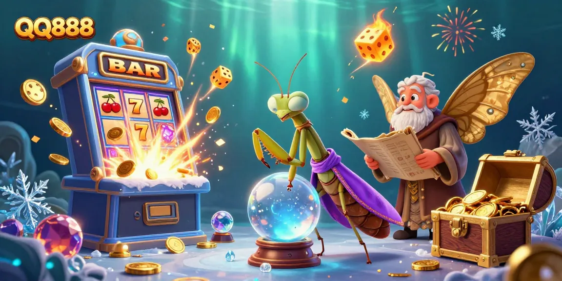 Experience thrilling moments with QQ888 as a vibrant cartoon scene highlights a fortune teller and slot game excitement.