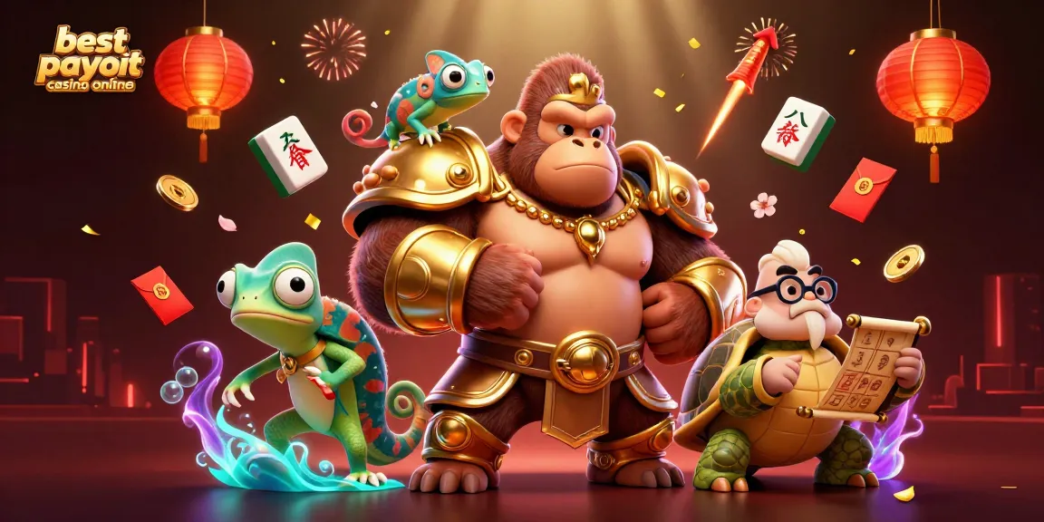 Experience thrilling wins at the best payout casino online with vibrant characters like a gorilla king and a chameleon.