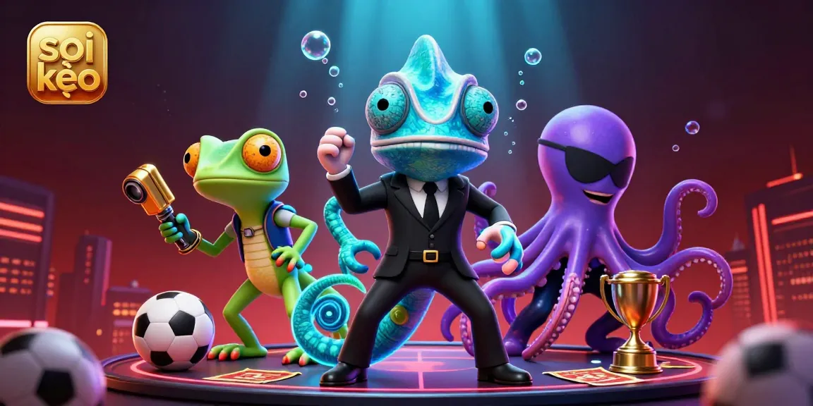 Soi kèo sports betting illustration featuring a chameleon agent and gadgets, dynamic atmosphere