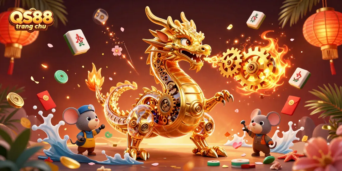 Engage with the thrilling QS88 trang chu experience showcasing a grand 3D cartoon dragon amidst festive gambling elements.