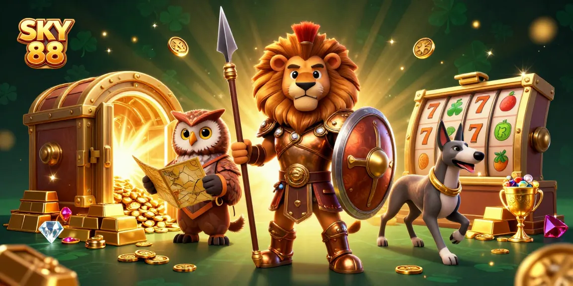Experience the thrill of SKY 88 with a vibrant illustration showcasing a Spartan lion and slot elements.