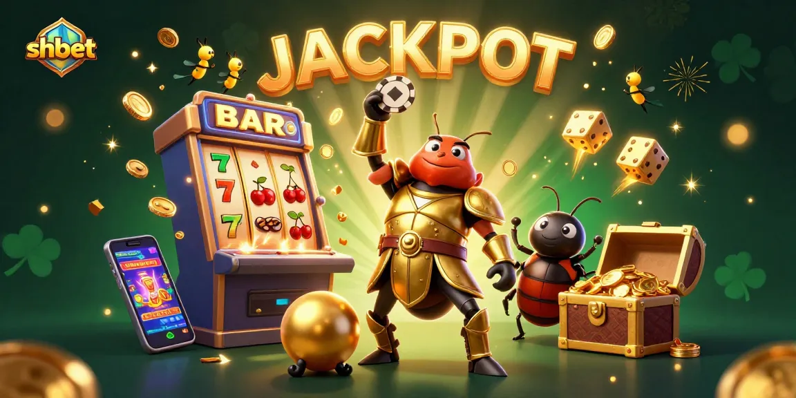 Join the excitement at shbet with a victorious beetle celebrating a jackpot amidst colorful casino treasures.