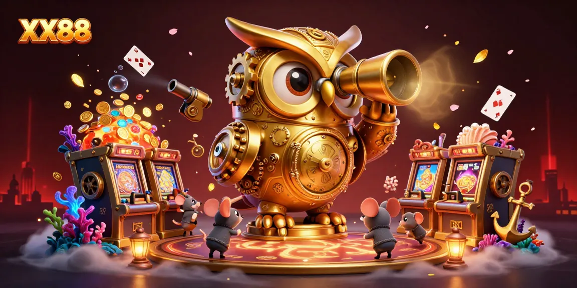 Engage with XX88's vibrant casino world featuring a golden owl and charming mice amidst slot machines.