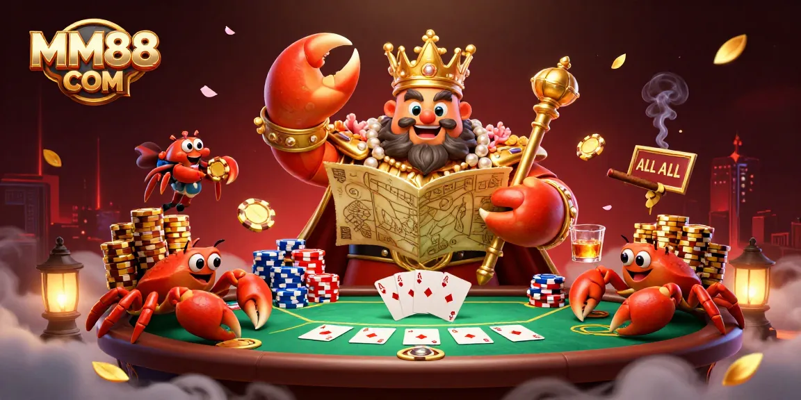 Experience the excitement of MM88 COM with a vibrant casino scene featuring a golden crab emperor amidst poker elements.